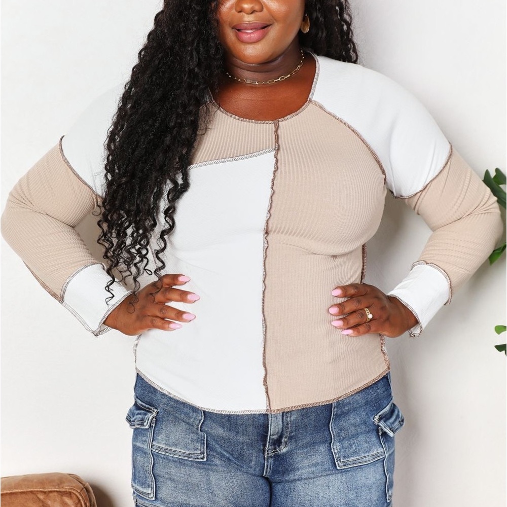NEW Double Take 90s Y2K Tan Color Block Exposed Seam Long Sleeve Top
